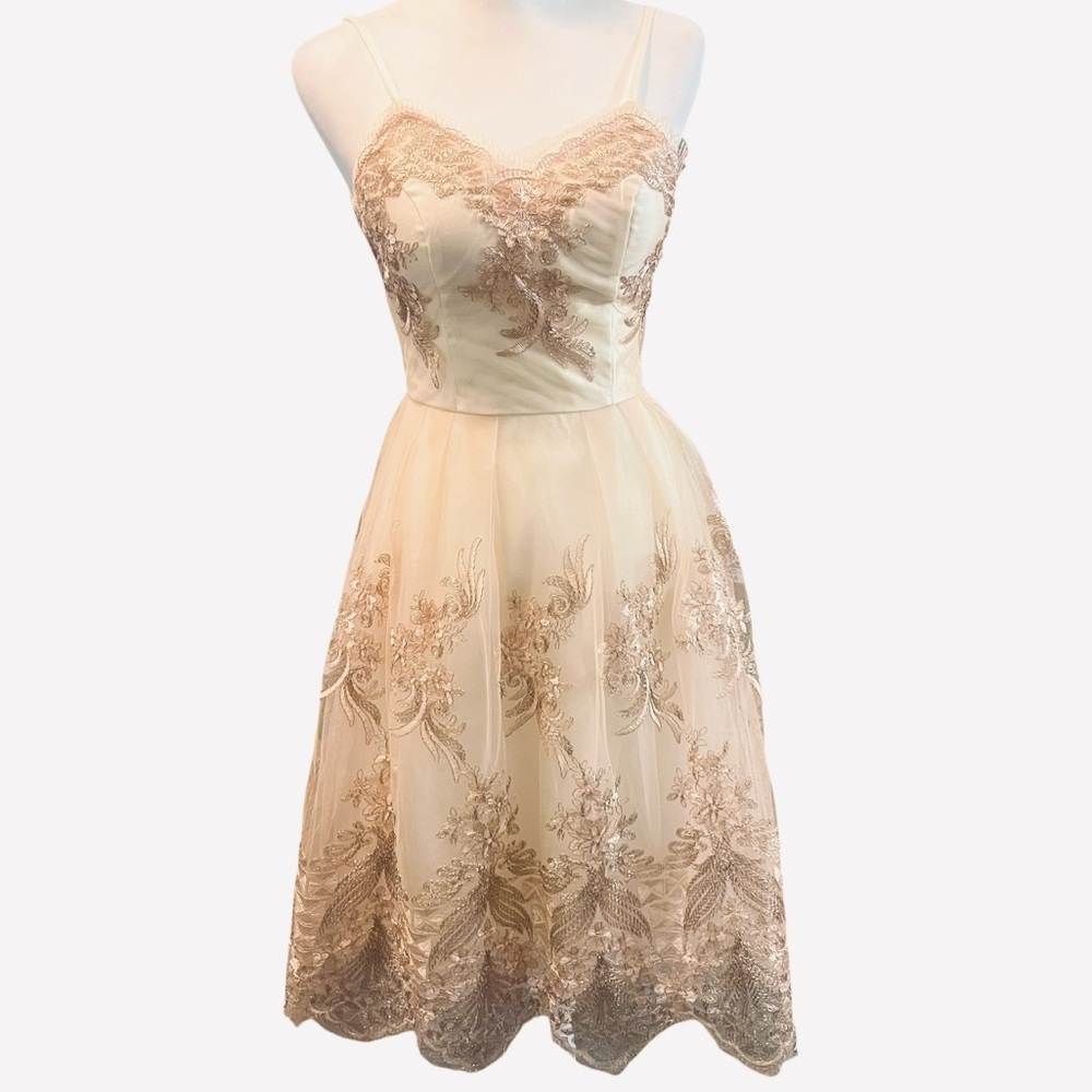 Chi Chi London Champagne Tulle & Rose Gold Embroidered Dress | UK 6 / US 2